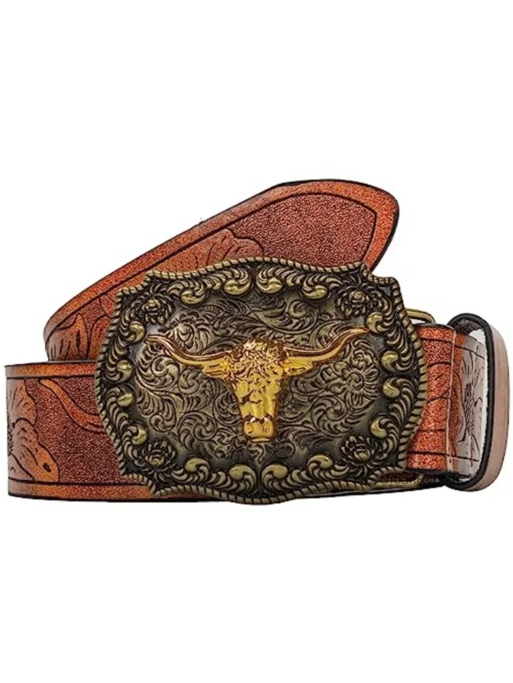 Western PU-Leather Cowboy Belt with Engraved Floral Longhorn Bull Buckle Unisex